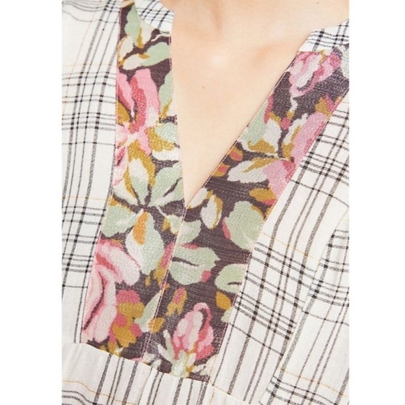 Anthro Darlene Metallic Floral Plaid Peasant Split Neck Linen Blend Tunic NWOT - Picture 11 of 14